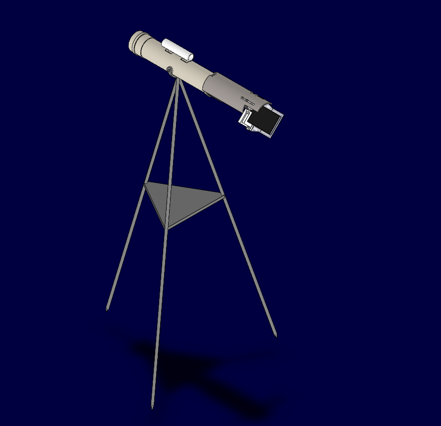 CAD render of the 3D-printed phone mount on the telescope and tripod